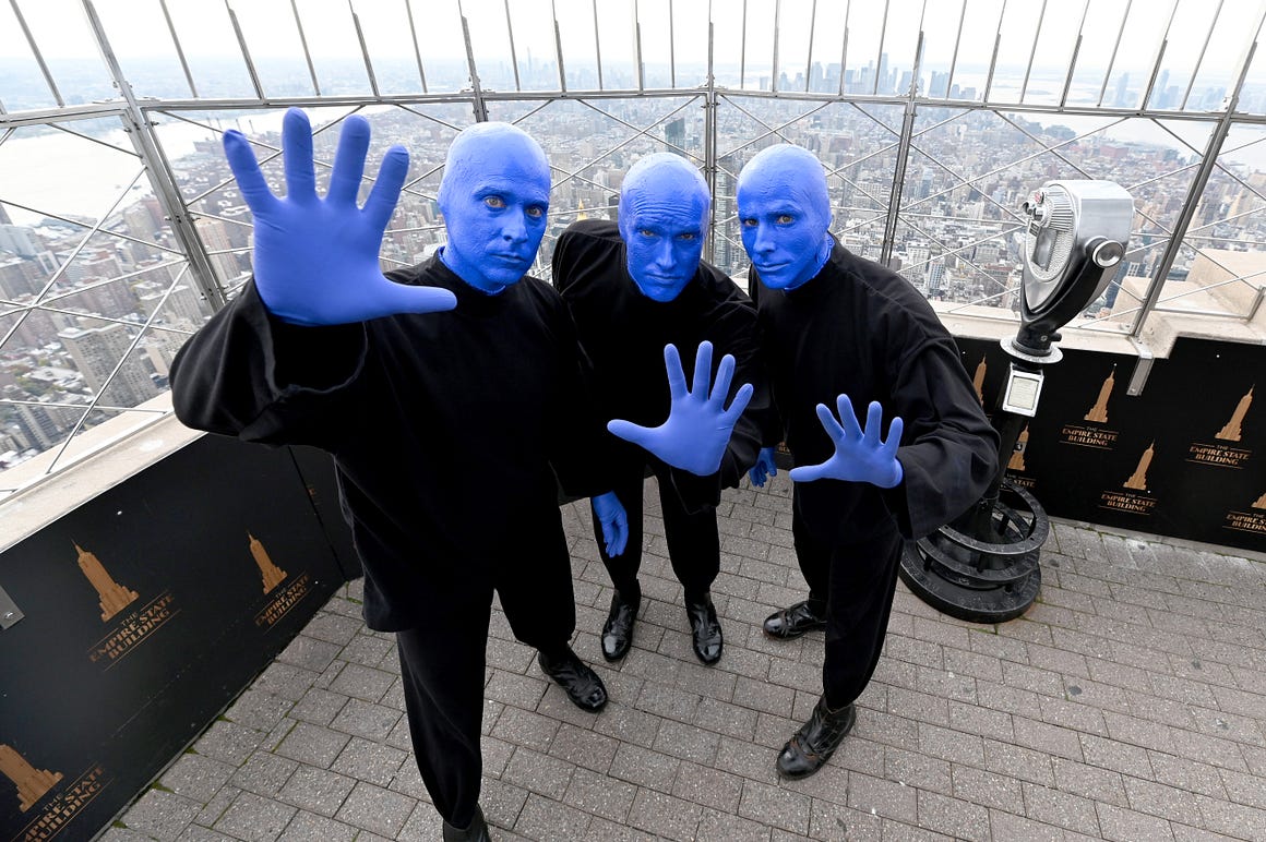 Blue Man Group: people of color? Photo: Noam Galai / Stringer for Getty. Blue Man Group: people of color? Photo: Noam Galai / Stringer for Getty.