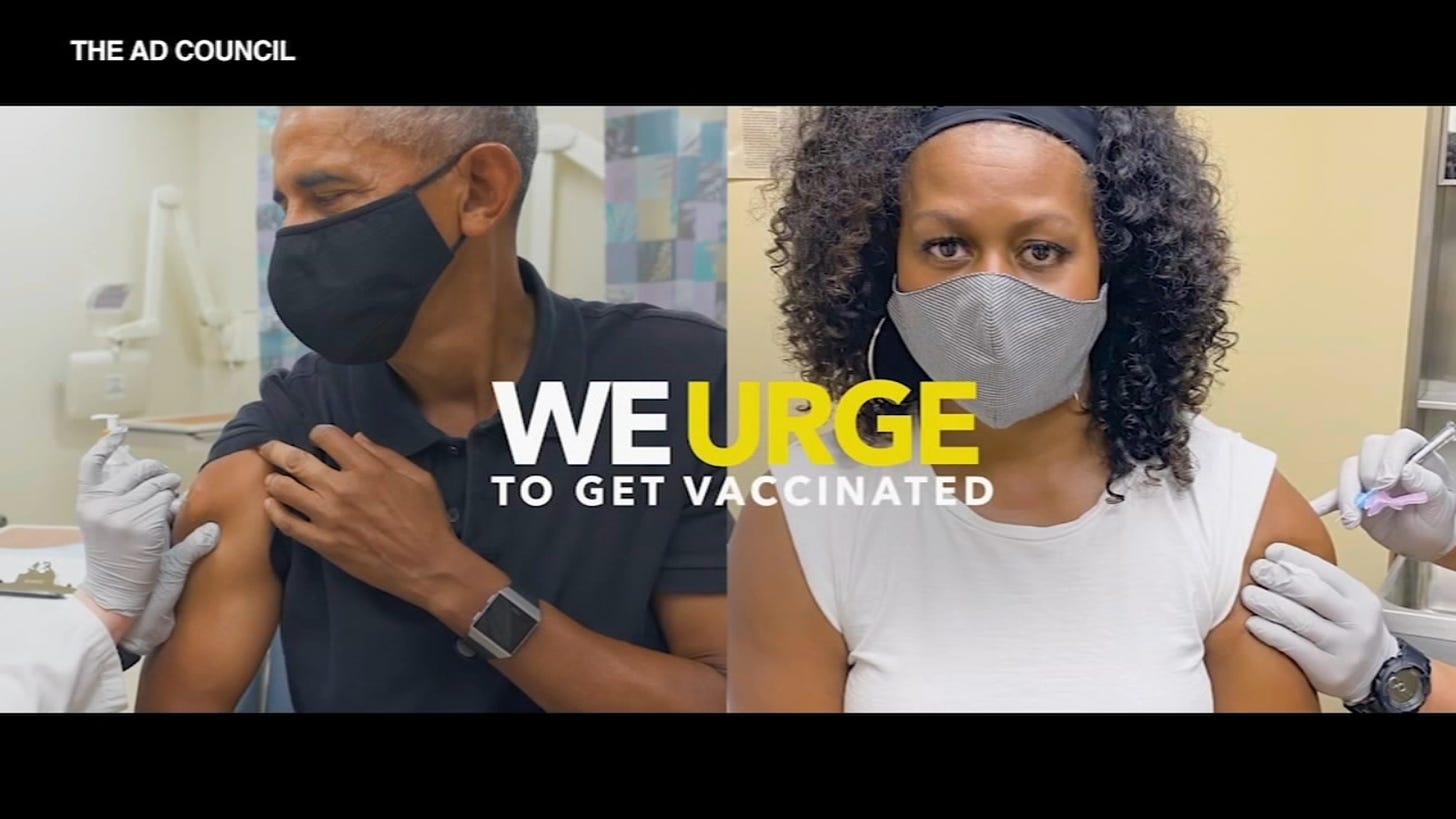 La campagna pubblicitaria del vaccino COVID presenta gli ex presidenti degli Stati Uniti Barack Obama, Jimmy Carter, Bill Clinton...