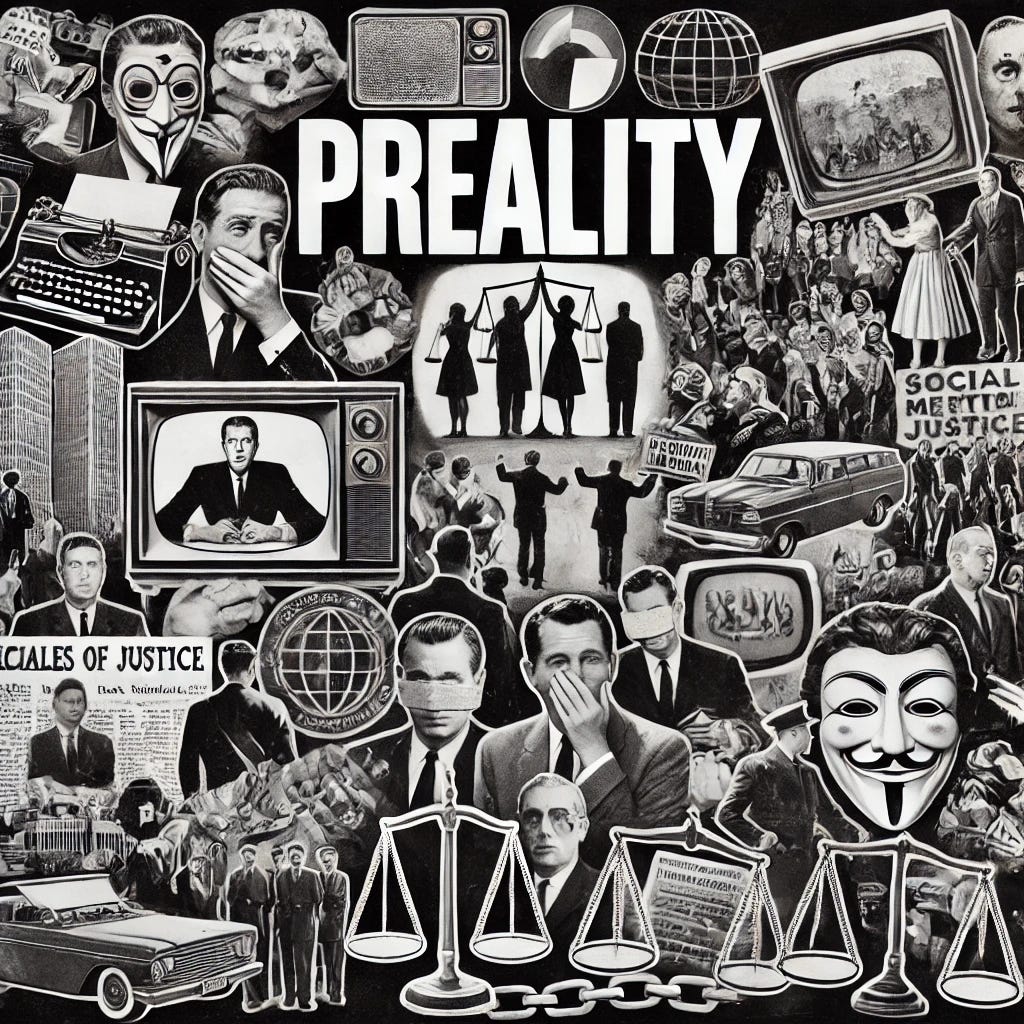 A 1960s-style black and white montage filled with cut-out images of objects, people, and activities that reflect themes of media control, political manipulation, and social activism, similar to the previous image. The word 'PREALITY' in all caps should be prominently featured at an upward sloping angle in the center of the image, in the foreground. The montage should include TV sets showing different channels, microphones, newspapers, typewriters, early computers with internet imagery, scales of justice, propaganda posters, surveillance cameras, chains and locks, and masks. People featured should include journalists with press badges, politicians giving speeches, protestors holding blank signs, judges in robes, scientists in lab coats, social media influencers, TV anchors, lawyers in courtrooms, celebrities at a press conference, and activists with megaphones. Activities should depict acts of censorship like covering someone's mouth, bustling newsrooms, courtroom scenes, secret meetings behind closed doors, street protests, parliamentary debates, medical trials or labs in action, people scrolling on social media, interviews being conducted, and surveillance operations. The entire space should be densely covered with these elements, creating a complex and chaotic visual representation of the discussed themes. A 1960s-style black and white montage filled with cut-out images of objects, people, and activities that reflect themes of media control, political manipulation, and social activism, similar to the previous image. The word 'PREALITY' in all caps should be prominently featured at an upward sloping angle in the center of the image, in the foreground. The montage should include TV sets showing different channels, microphones, newspapers, typewriters, early computers with internet imagery, scales of justice, propaganda posters, surveillance cameras, chains and locks, and masks. People featured should include journalists with press badges, politicians giving speeches, protestors holding blank signs, judges in robes, scientists in lab coats, social media influencers, TV anchors, lawyers in courtrooms, celebrities at a press conference, and activists with megaphones. Activities should depict acts of censorship like covering someone's mouth, bustling newsrooms, courtroom scenes, secret meetings behind closed doors, street protests, parliamentary debates, medical trials or labs in action, people scrolling on social media, interviews being conducted, and surveillance operations. The entire space should be densely covered with these elements, creating a complex and chaotic visual representation of the discussed themes.