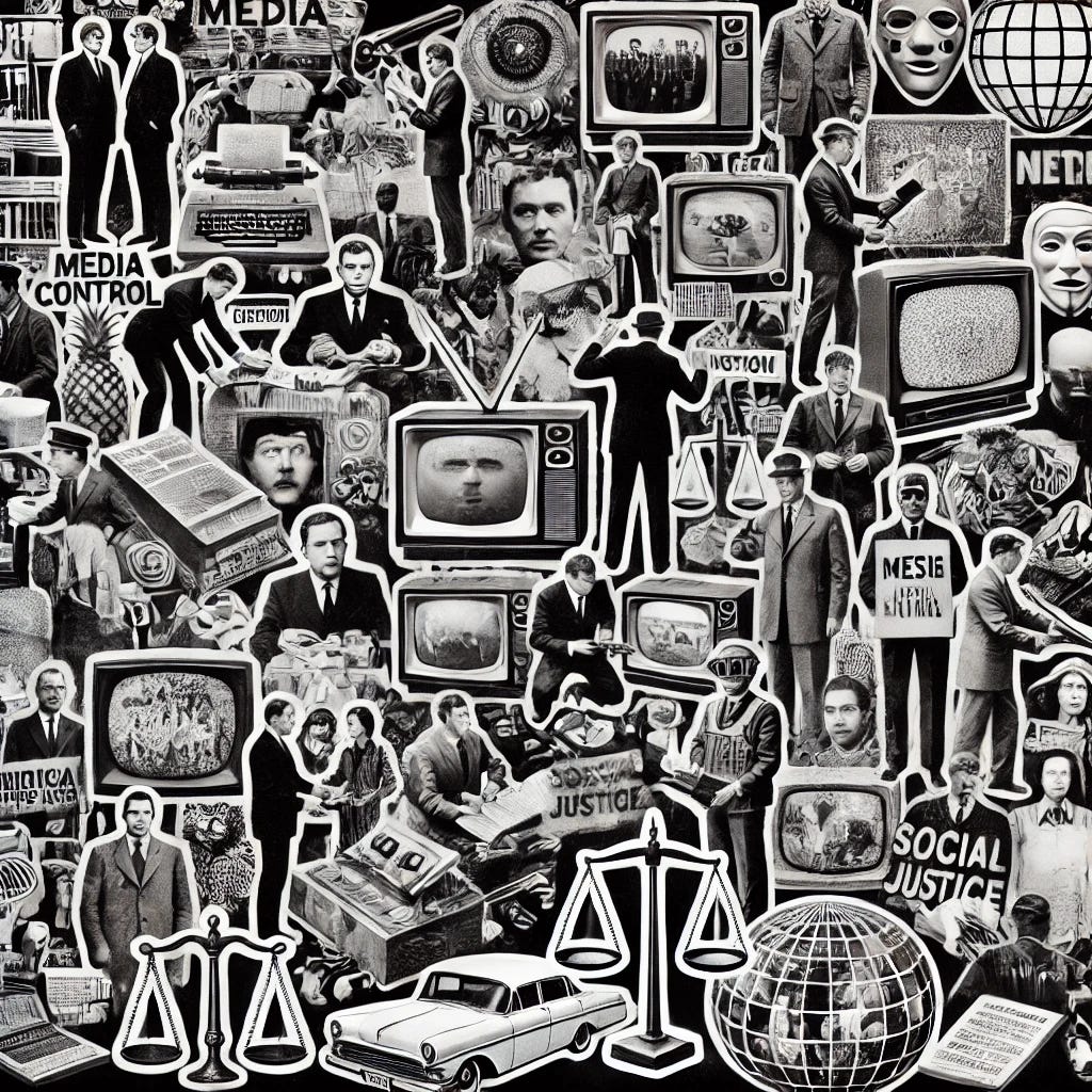 A 1960s-style black and white montage filled with cut-out images of objects, people, and activities that reflect themes of media control, political manipulation, and social activism. The image should include TV sets showing different channels, microphones, newspapers, typewriters, early computers with internet imagery, scales of justice, propaganda posters, surveillance cameras, chains and locks, and masks. People featured should include journalists with press badges, politicians giving speeches, protestors holding blank signs, judges in robes, scientists in lab coats, social media influencers, TV anchors, lawyers in courtrooms, celebrities at a press conference, and activists with megaphones. Activities should depict acts of censorship like covering someone's mouth, bustling newsrooms, courtroom scenes, secret meetings behind closed doors, street protests, parliamentary debates, medical trials or labs in action, people scrolling on social media, interviews being conducted, and surveillance operations. The entire space should be densely covered with these elements, creating a complex and chaotic visual representation of the discussed themes. A 1960s-style black and white montage filled with cut-out images of objects, people, and activities that reflect themes of media control, political manipulation, and social activism. The image should include TV sets showing different channels, microphones, newspapers, typewriters, early computers with internet imagery, scales of justice, propaganda posters, surveillance cameras, chains and locks, and masks. People featured should include journalists with press badges, politicians giving speeches, protestors holding blank signs, judges in robes, scientists in lab coats, social media influencers, TV anchors, lawyers in courtrooms, celebrities at a press conference, and activists with megaphones. Activities should depict acts of censorship like covering someone's mouth, bustling newsrooms, courtroom scenes, secret meetings behind closed doors, street protests, parliamentary debates, medical trials or labs in action, people scrolling on social media, interviews being conducted, and surveillance operations. The entire space should be densely covered with these elements, creating a complex and chaotic visual representation of the discussed themes.