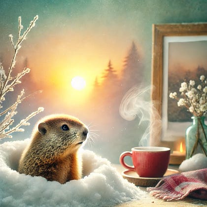 The image captures a peaceful winter scene with a groundhog emerging from its burrow, symbolizing a fresh start.