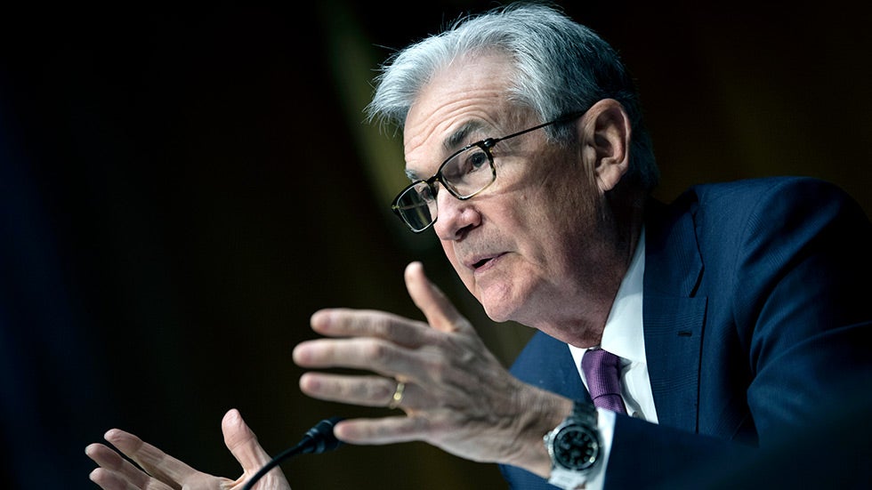 Federal Reserve Board Chairman Jerome Powell speaks during a hearing