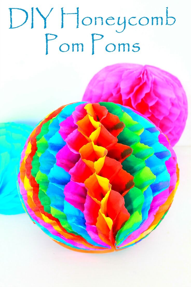 Colorful Honeycomb Pom Poms made with crepe paper