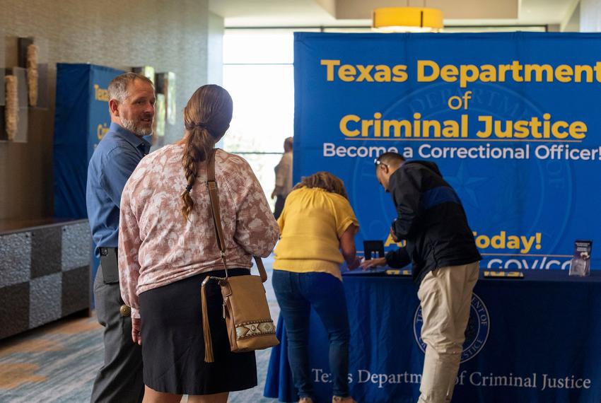 The Texas Department of Criminal Justice recruit correctional officers at the Sheraton Hotel in Georgetown, Texas on Sept. 10, 2024. TDCJ is recruiting correctional officers before the re-opening of the Bartlett Unit, formerly Bartlett State Jail, amidst severe staffing shortages.