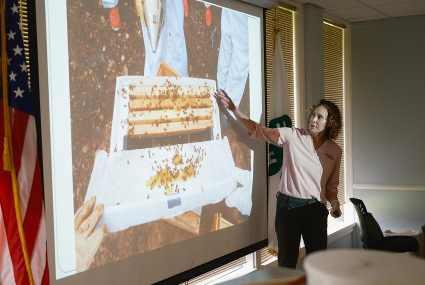 Molly Keck, an entomologist with the Texas A&M Agrilife Extension in Bexar county, teaches a ‘Bee Keeping 101’ class in San Antonio on Thursday, May 9, 2024