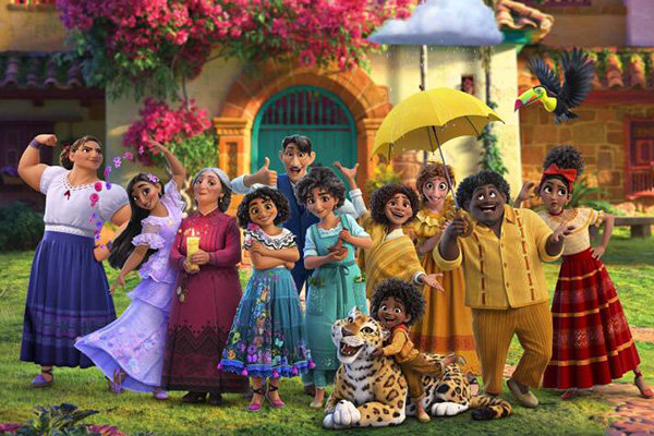 Characters from the Disney film Encanto pose for a family portrait.