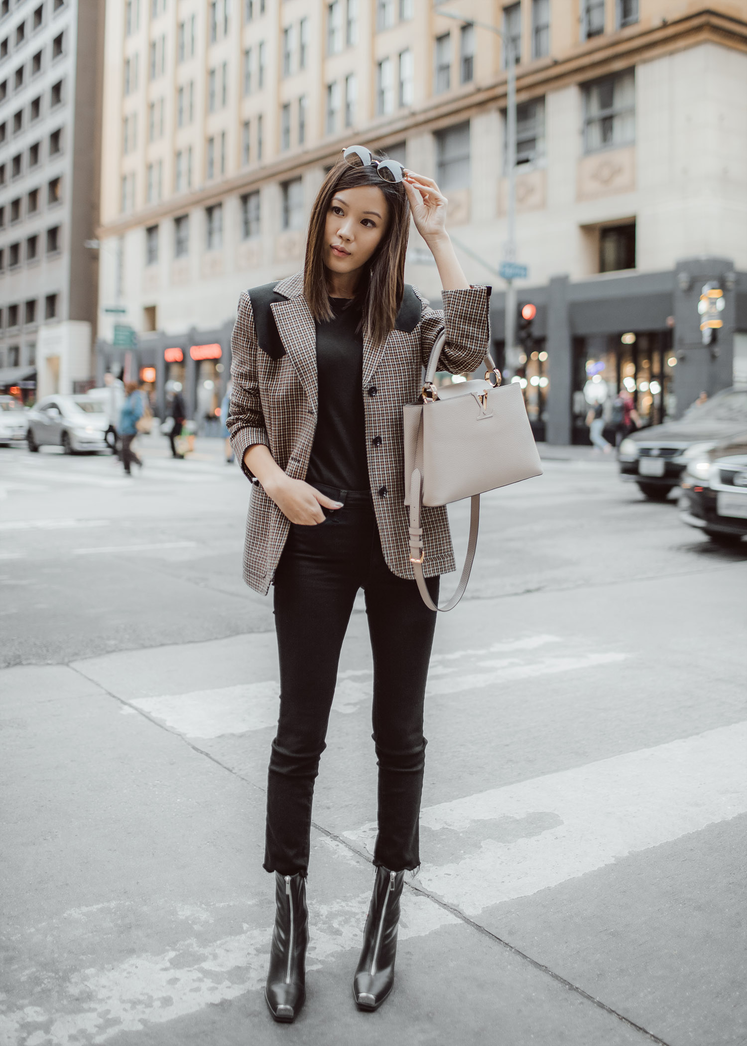 Jenny Tsang of Tsangtastic wearing louis vuitton houndstooth checkered blazer louis vuitton capucines bag in beige and jeffrey campbell Welton Block Heel Boots
