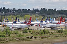 Boeing 737 MAX grounded aircraft near Boeing Field, April 2019.jpg