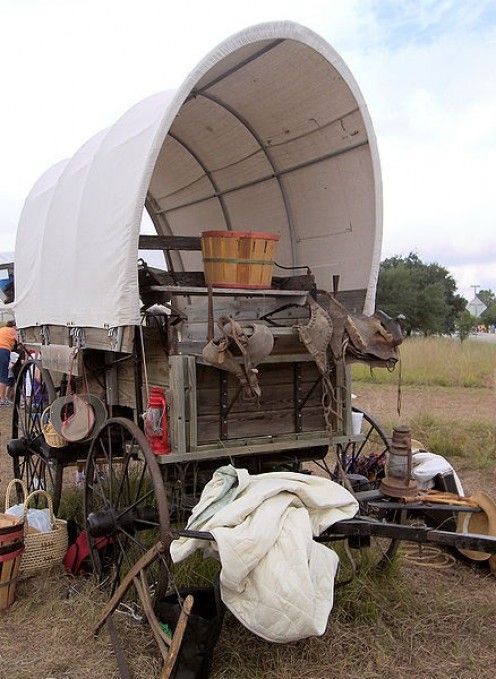 A typical covered wagon of the kind used to cross the Great Plains by white settlers.