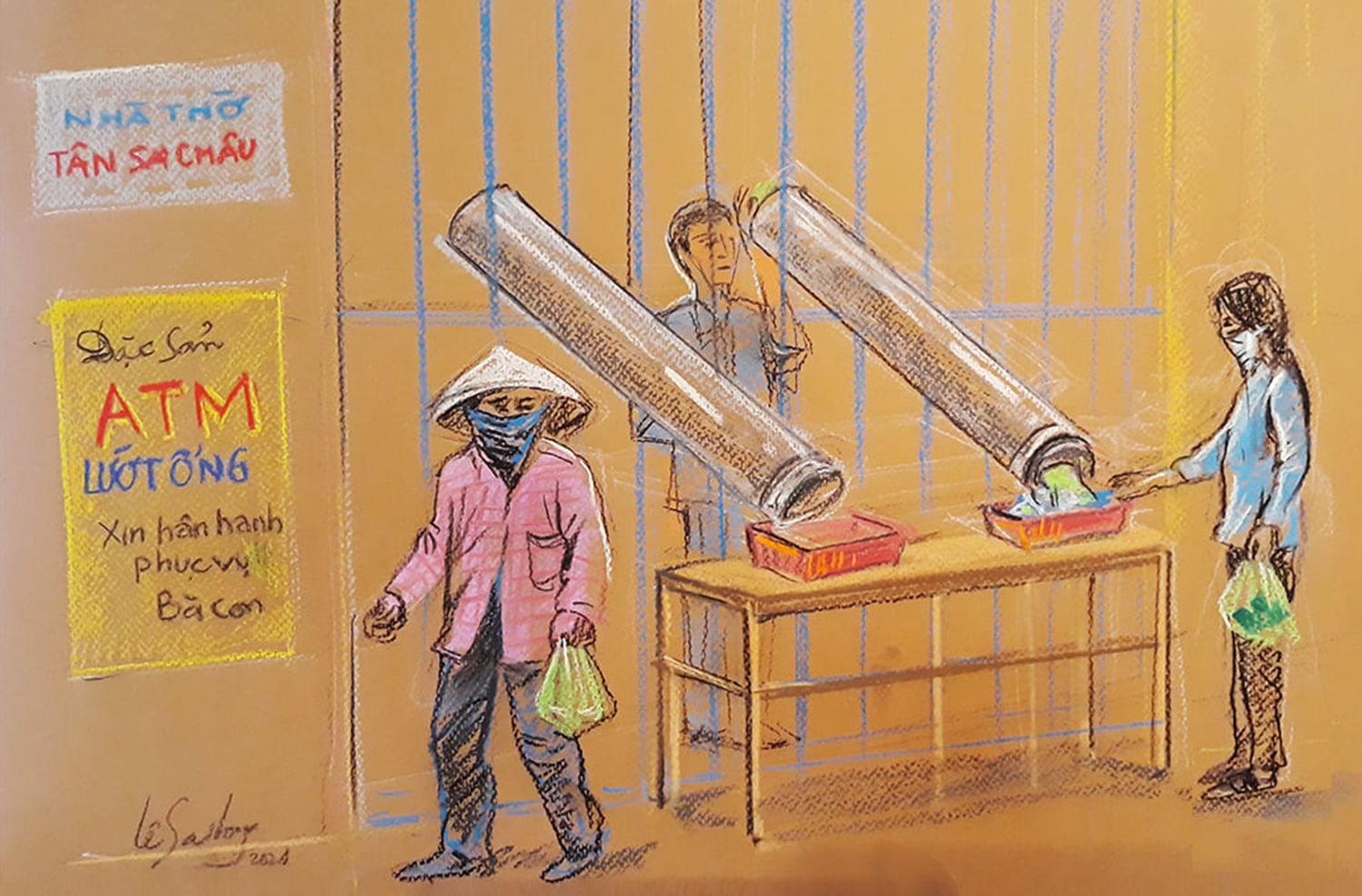 ATM lướt ống - sáng kiến của người dân nhà thờ Tân Sa Châu trên đường Lê Văn Sĩ chuyển nhu yếu phẩm ra ngoài cho người dân nghèo bằng hai chiếc ống nhựa để đảm bảo an toàn mùa dịch.