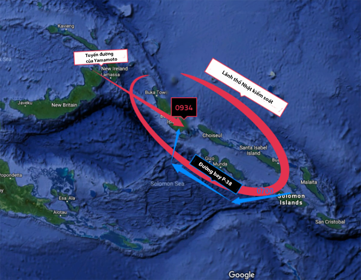 Vị trí máy bay chở Đô đốc Yamamoto bị bắn hạ. Đồ họa: Google.