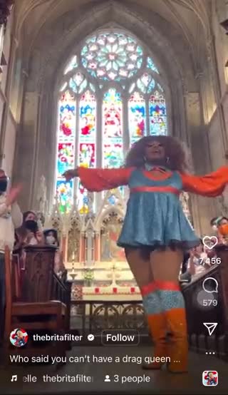 The drag queen Brita Filter, performing here in a church as part of a Pride initiative, wa