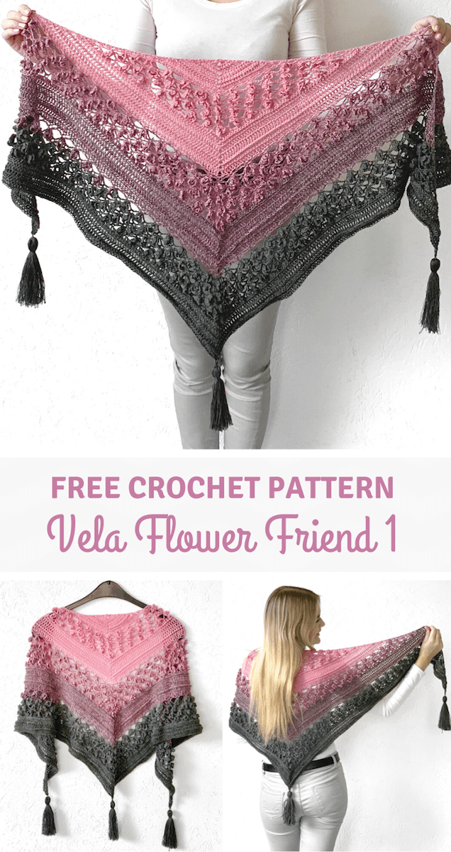 Free crochet flower shawl pattern - Vela Flower Friend Shawl pinterest pin