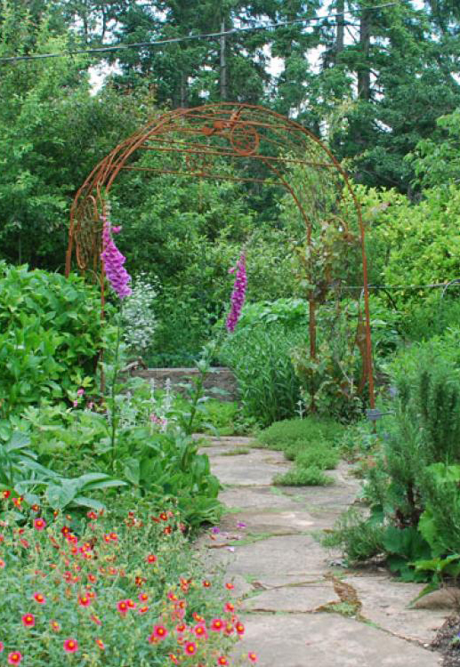 arch over a pathway in a lush green garden