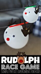 This fun Rudolph Race Game is both an outrageously fun Christmas game for kids and a chance to sneak in  Christmas STEM Activities! This easy-to-set-up Rudolph Races is a Christmas Activity for toddler, preschool, pre-k, kindergarten, first grade, 2nd grade, 3rd grade, 4th grade, 5th grade, and 6th grade students that teaches a little physics while having FUN! This Christmas science experiment is perfect for the whole family!