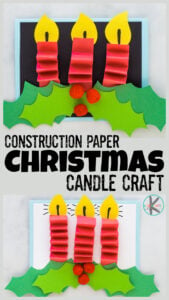 One of my favorite things to at Christmas is the beautiful candles that adorn windows and decorate inside. This simple construction paper Christmas craft is a great way for kids to recreate this holiday staple with an easy Christmas candle craft. Use this Christmas craft ideas for kindergarten, preschool, pre-k, first grade, 2nd grade, and 3rd graders too.