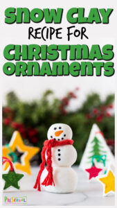 If you are looking for a fun christmas ornament crafts for kids, you will lot this easy air dry clay recipe! Our white craft clay does not need to be baked, but produces beautiful creations! This how to make clay ornaments using baking soda clay is perfect for toddler, preschool, pre-k, kindergarten, first grade, 2nd grade, 3rd grade, 4th grade, and up! Come see how do you make clay for holiday decorating in December!