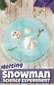 Kids will have fun with this melting snowman where they will melt the snowman using a fun winter science experiment. This snowman activity is perfect for toddler, preschool, pre-k, and kindergarten to sneak in a fun winter STEM activity where they will build a snowman and then melt it with snow science experiments observing simple chemistry for kids.