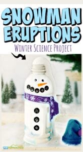 Kids will love this fun snowman activity that allows them to sneak in a little science to a cold, winter day! Snowman eruptions are so easy, and this is such a cute project for toddler, preschool, pre-k, kindergarten, and first grade students.  In these winter science experiments children will watch the effect of baking soda and vinegar in a silly and outrageously FUN snow experiments.