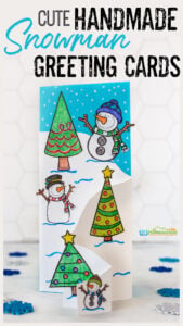 Whether you are looking for snowman card ideas to send out as Christmas cards or in January as a winter craft for kids - these handmade greeting cards are super cute and fun to make! Use our free snowman printables to make these DIY snowman cards quick and easy to make. This snowman craft for kids is sure to be a hit with preschool, pre-k, kindergarten, first grade, 2nd grade, 3rd grade, and up!