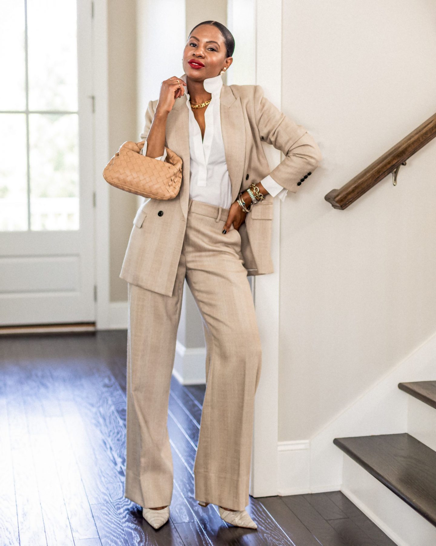 atlanta blogger wearing brown crop beige herringbone suit, beige boyfriend blazer, double breast jacket, crop trench coat, from m.m. lafleur, how to style a suit, what to wear to work, work looks, work outfits, work outfit inspiration, work lookbook what to wear to work, boy friend blazer, double breast blazer, white shirt, dior choker, how to style a dior choker, amina muaddi pumps, bottega knot bag, how to style the bottega veneta knot bag