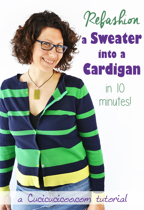 Cardigans are fantastic for layering clothing during in-between seasons. Learn how to refashion a sweater into a cardigan with one simple cut and two strips of fabric in just 10 minutes! Super easy!