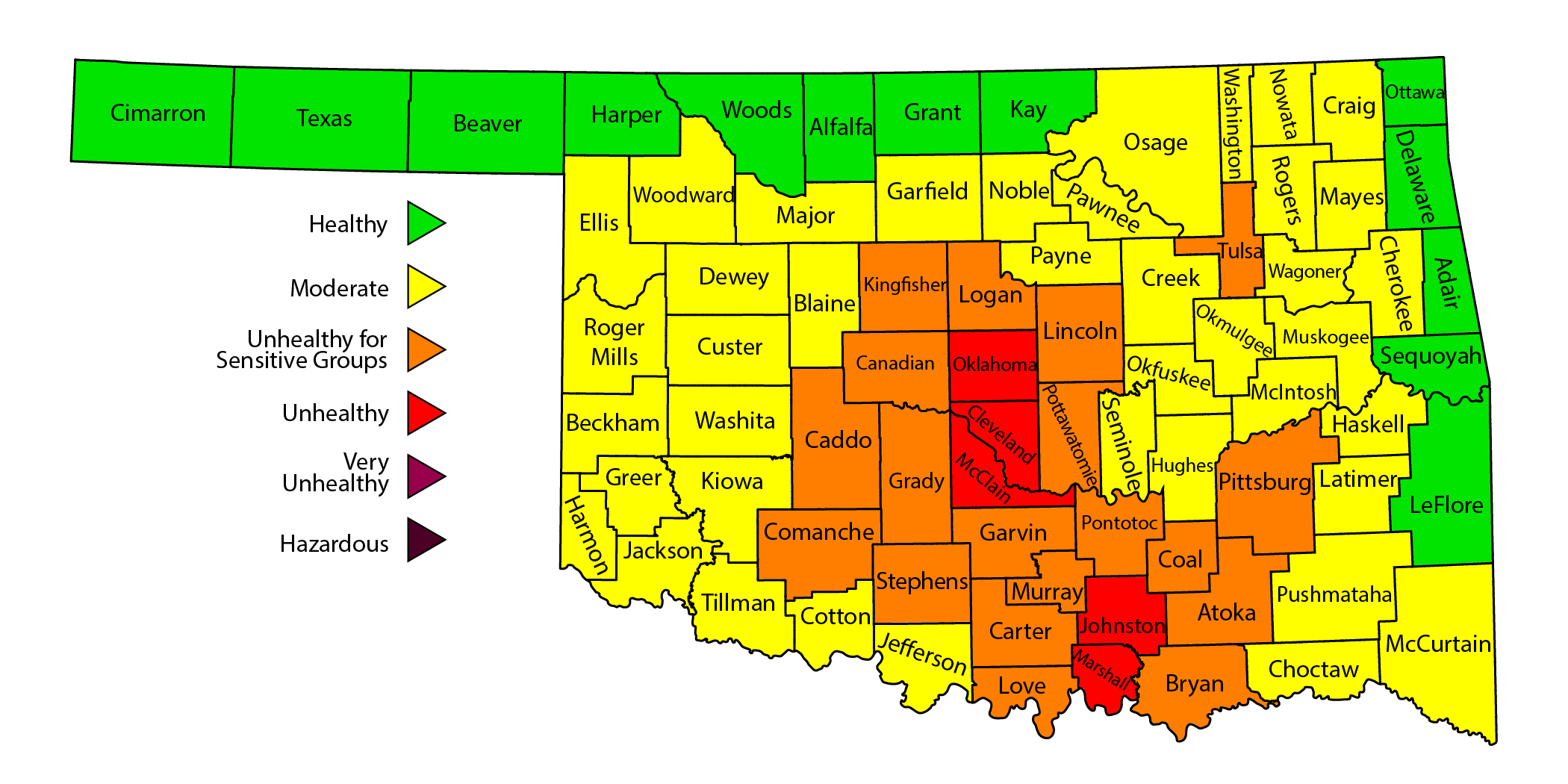 For a graphic of affected counties, visit https://www.deq.ok.gov/air-quality-division/air-quality-health-advisory/