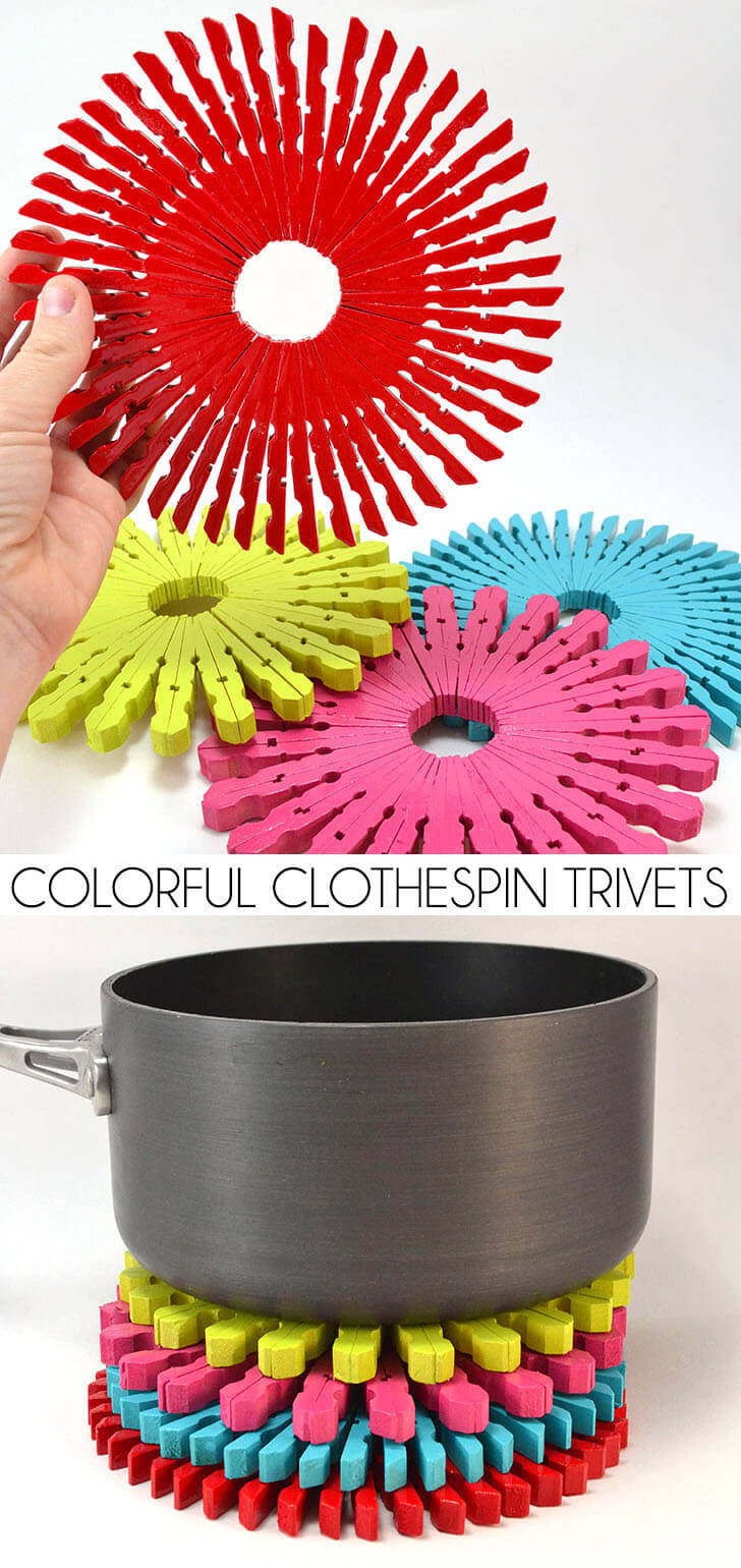 Make colorful and inexpensive trivets out of clothespins! Aren't these wooden clothespin trivets fun?