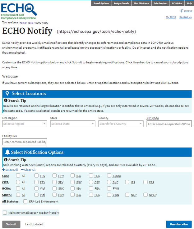 This is a screenshot of ECHO Notify on EPA's website