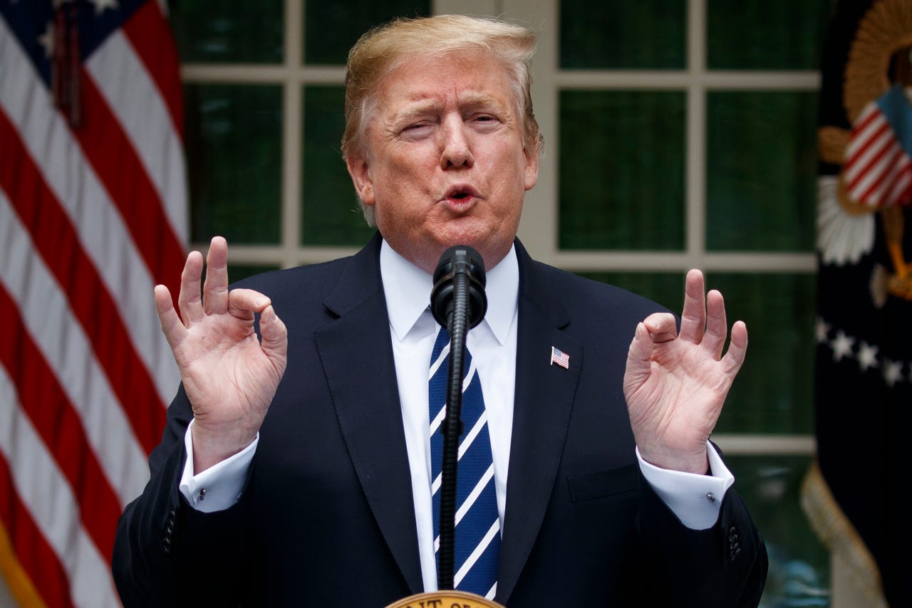 President Donald Trump delivers a statement in the Rose Garden of the White House, on May 22, 2019.
