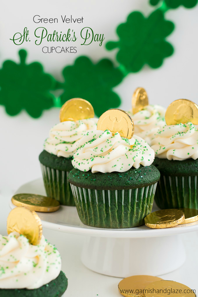 Get in the St. Patrick's Day Spirit with these yummy Green Velvet St. Patrick's Day Cupcakes topped with Cream Cheese Frosting. 