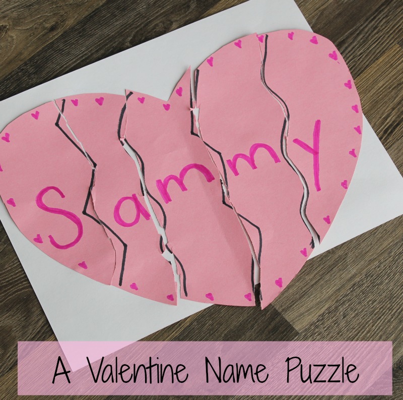 Valentine's day crafts for kids - heart name puzzle! Such a great and easy Valentine activity for preschoolers. #valentinesday #craft #preschool #alphabet #easy
