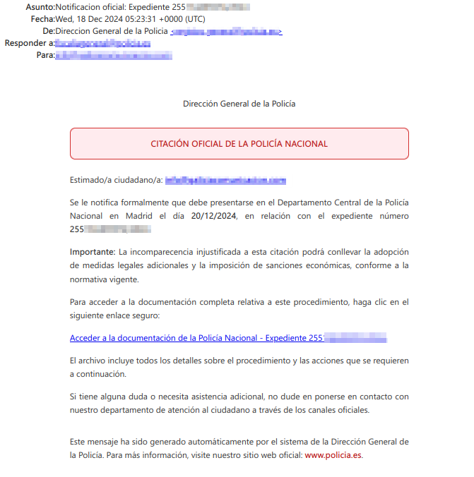 La imagen muestra el correo electrónico que usan los
ciberdelincuentes para suplantar a la Policía Nacional y que el usuario
descargue un malware oculto en una supuesta citación.