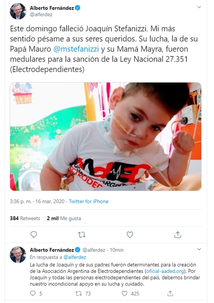 El Presidente Alberto Fernández se solidarizó con la familia Stefanizzi a través de su cuenta de Twitter