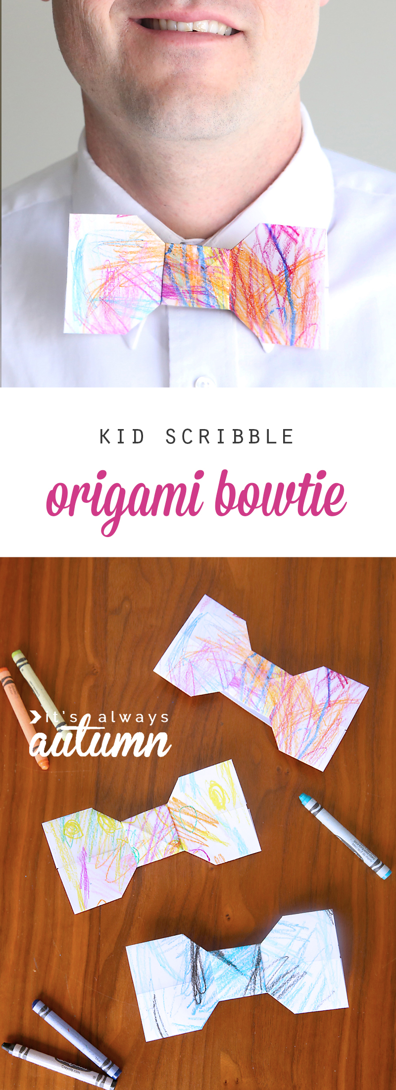 What a fun Father's Day gift kids can make! A kid scribble origami bowtie. Let kids color the paper, then fold up the bowtie and hot glue to a ribbon so Dad can wear it. Click through for folding video.