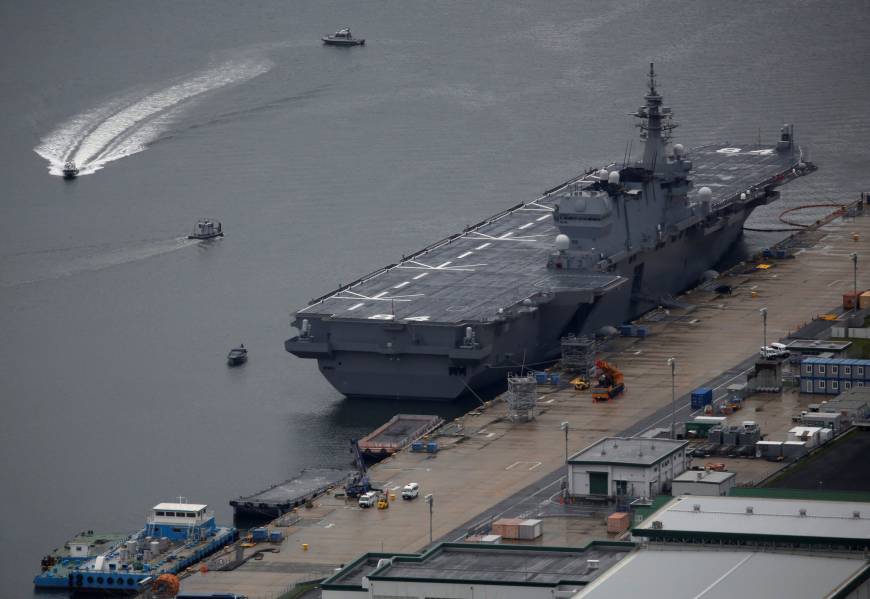 The Maritime Self-Defense Force's latest Izumo-class helicopter carrier, the DDH-184 Kaga, is moored at a naval base in Sasebo, Nagasaki Prefecture, on April 6. Japanese helicopter carrier Kaga to embark on two-month tour of South China Sea and Indian Ocean