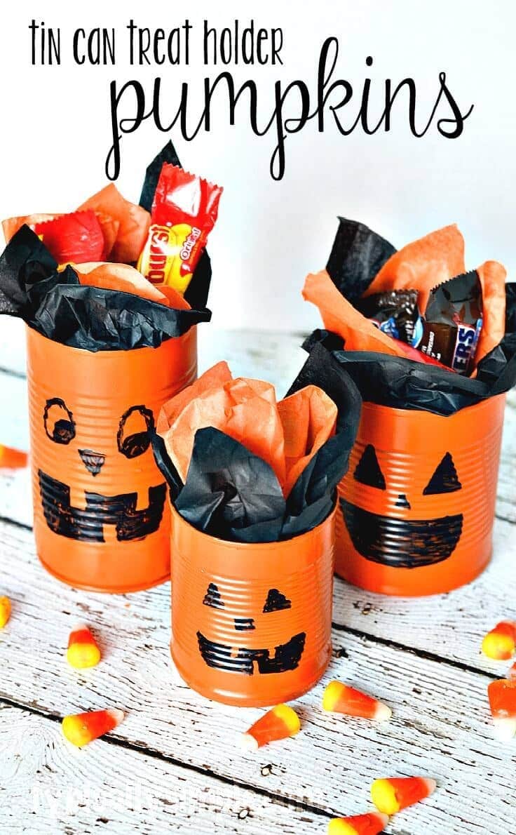 Tin Can Pumpkins Craft Tutorial, an easy idea for a Halloween activity for kids or a party centerpiece.