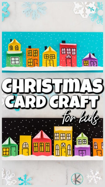 Whether you live in an area that has snow for Christmas or not, snow reminds us of the holidays! These lovely snowy roofs in this easy-to-make homemade christmas cards are perfect to make for family and friends. These christmas cards for kids are easy to make as a construction paper craft for preschool, pre-k, kindergarten, first grade, 2nd grade, 3rd grade, and up! So grab some colored paper and glue to make these christmas cards for kids to make. 