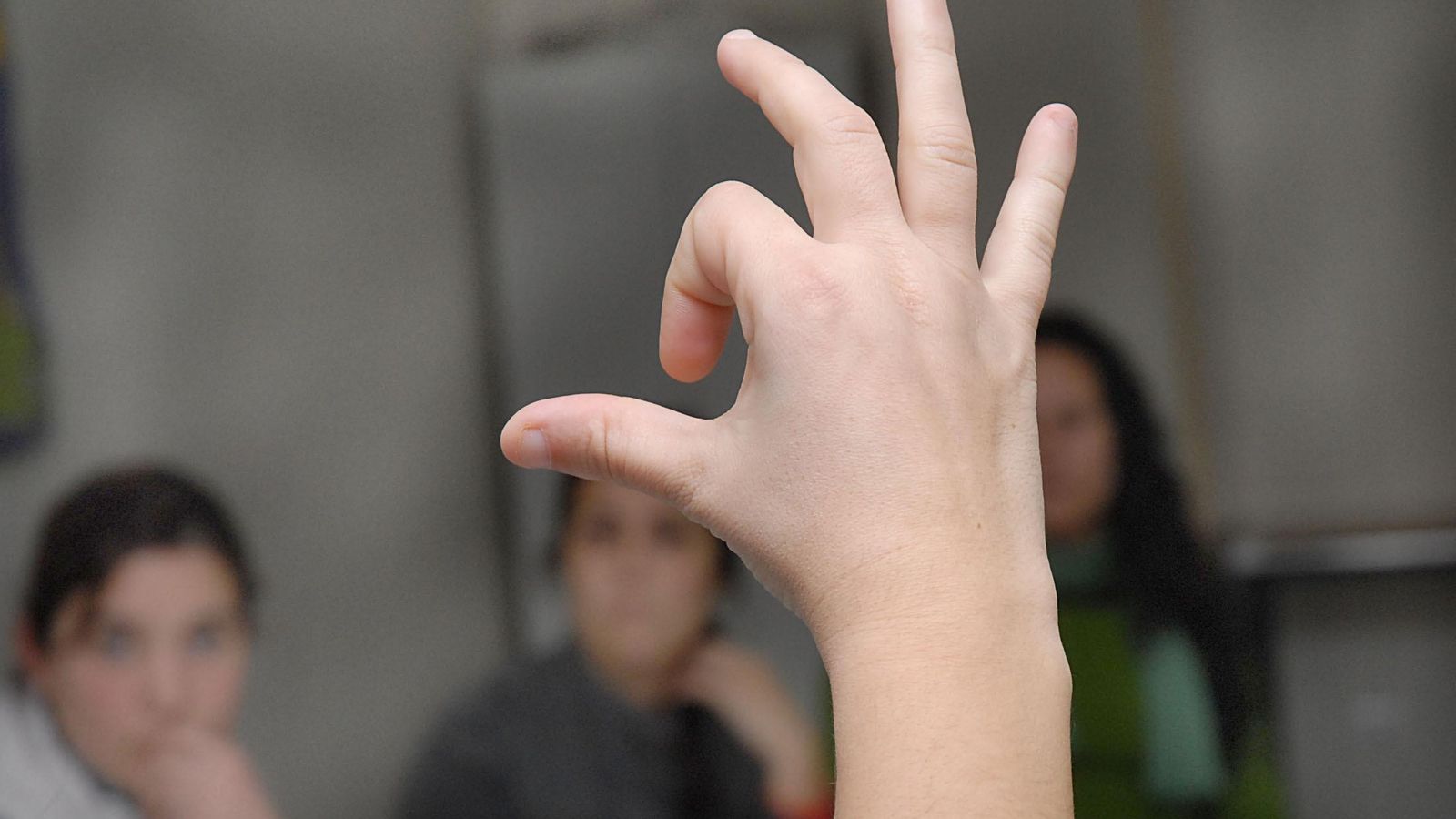 Una intérprete signa a un grupo de alumnas.