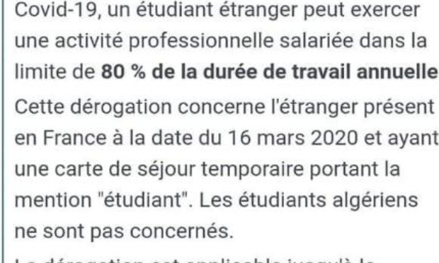 Suppression de l'autorisation de travail et des discriminations pour les étudiants algériens en France