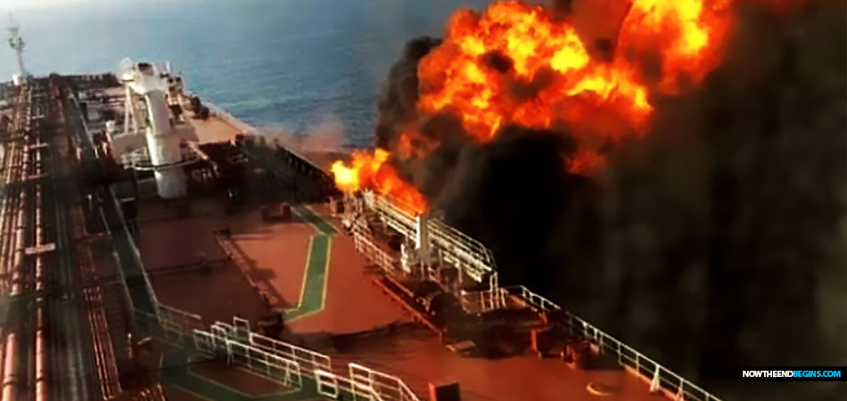 SHOCKING pictures show a huge fireball raging on a US-linked oil tanker after it was reportedly struck by a torpedo in the Gulf of Oman today.