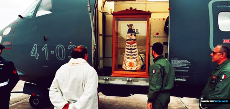 A statue of the Virgin Mary is being flown over the cities of Italy in order to combat the coronavirus. A priest is seen holding up the Holy Eucharist while being flown in a military plane by the Italian Air Force. This is how Rome is trying to protect their homeland.