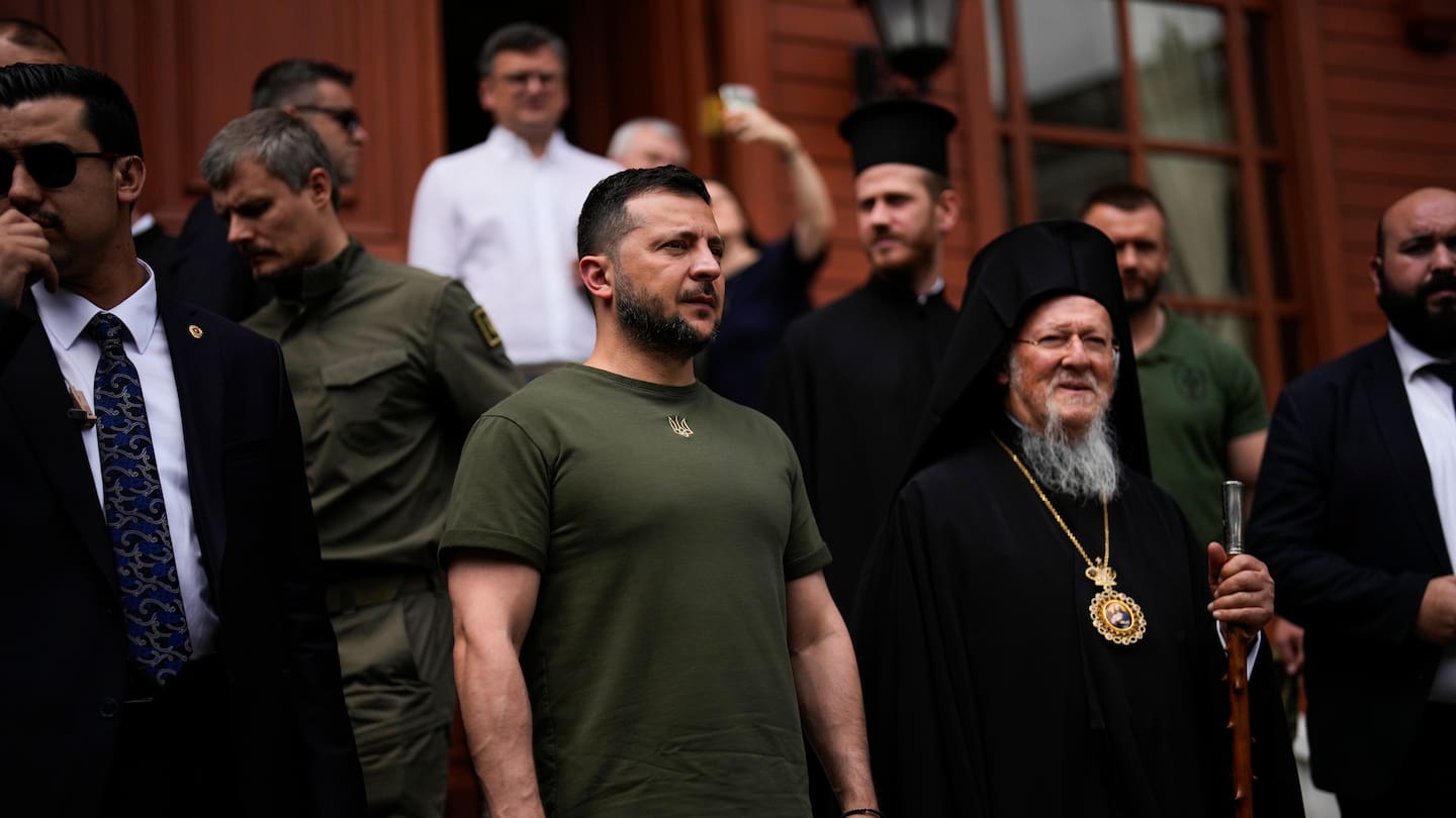 Ukrainian President Volodymyr Zelenskyy stands next to Ecumenical Patriarch Bartholomew I, the spiritual leader of the world's Orthodox Christians, at the Patriarchal Church of St. George in Istanbul, Turkey. Photo / AP Ukrainian President Volodymyr Zelenskyy stands next to Ecumenical Patriarch Bartholomew I, the spiritual leader of the world's Orthodox Christians, at the Patriarchal Church of St. George in Istanbul, Turkey. Photo / AP