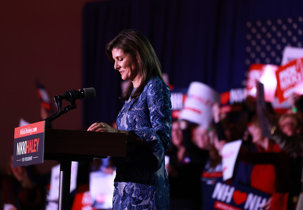 Republican presidential candidate Nikki Haley delivers remarks at her New Hampshire primary night rally.