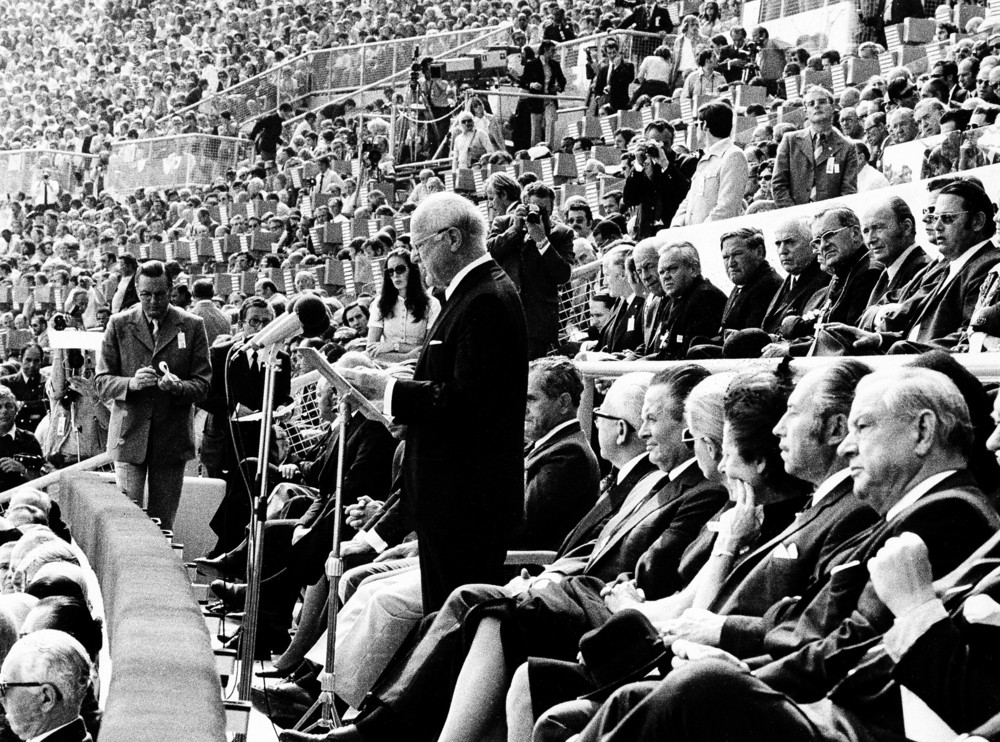 On this date in 1972: International Olympic Committee President Avery Brundage speaks during memorial ceremony for 11 members of the Israeli Olympic team slain by Palestinian terrorists at the Summer Olympic Games in Munich, Germany.  Brundage announced the Games would continue after a day's suspension of the games.