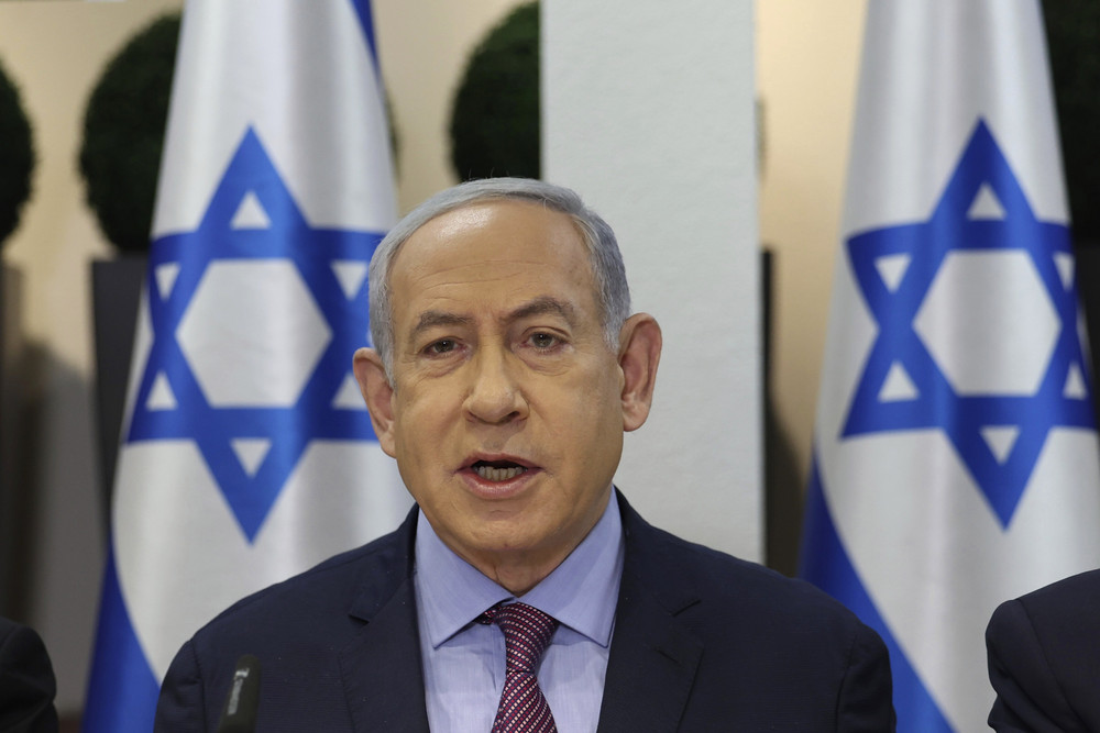 Israeli Prime Minister Benjamin Netanyahu attends the weekly cabinet meeting at the Kirya military base in Tel Aviv.