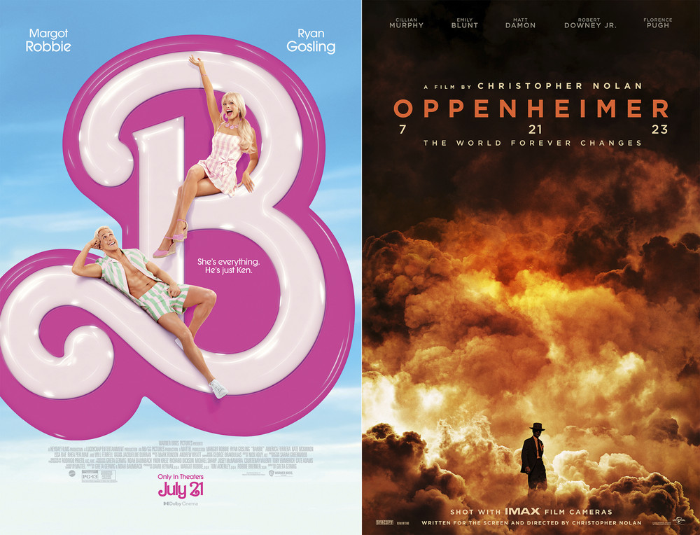This combination of images shows promotional art for "Barbie," left, and "Oppenheimer." (Warner Bros Pictures/Universal Pictures via AP)
