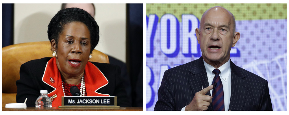 In this photo combination, Rep. Sheila Jackson Lee (D-Texas) speaks during a meeting on Capitol Hill in Washington, Dec. 13, 2019, and Democratic state Sen. John Whitmire answers a question during a televised candidates debate on Oct. 19, 2023, in Houston. 