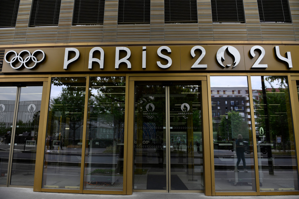 The entrance of the Paris 2024 Olympics headquarters. Police raided the building earlier today. 