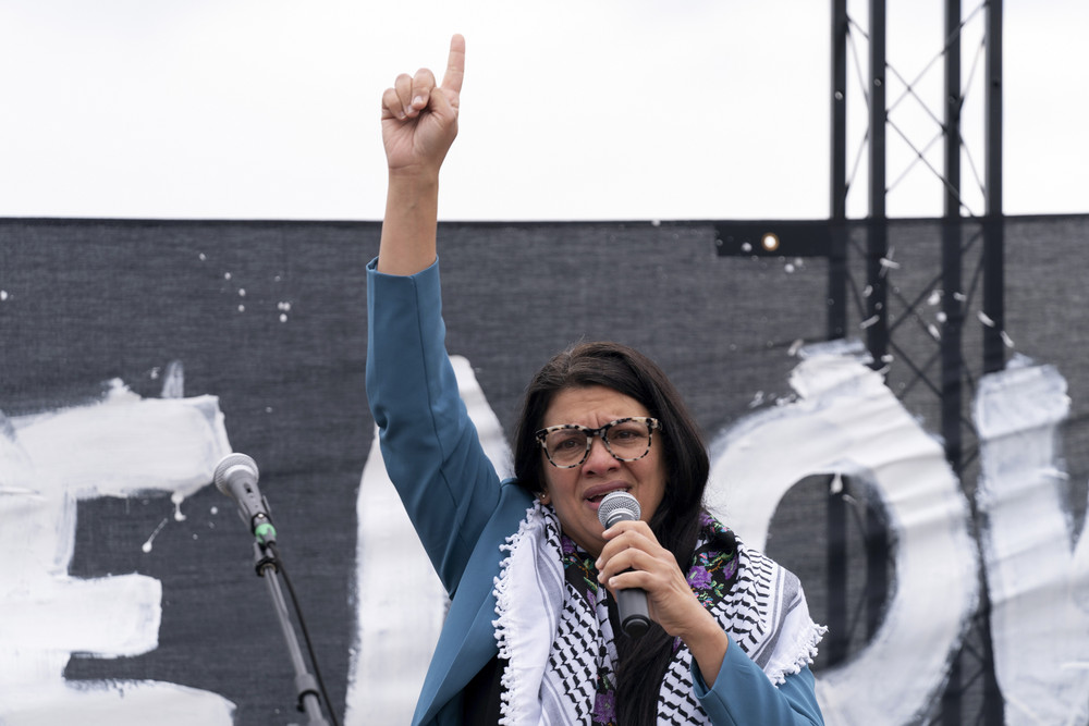 Rep. Rashida Tlaib (D-Mich.) speaks during a pro-Palestinian demonstration at the National Mall in Washington on Oct. 20.  